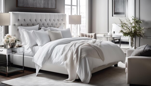 Quarto de hotel de luxo moderno com roupa de cama confortável gerada por IA