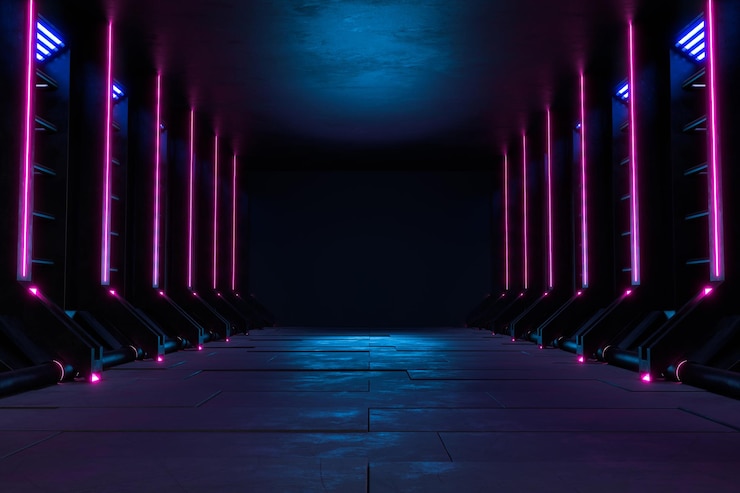 Foto grátis quarto escuro vazio, fundo de ficção científica futurista moderno. ilustração 3d