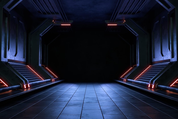 Quarto escuro vazio, fundo de ficção científica futurista moderno. Ilustração 3D