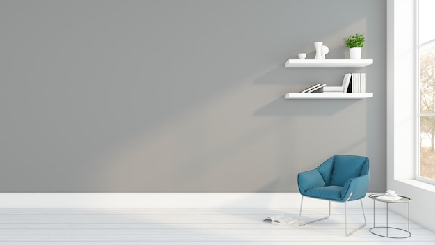 Quarto vazio minimalista com poltrona e estante de parede cinza renderização em 3d