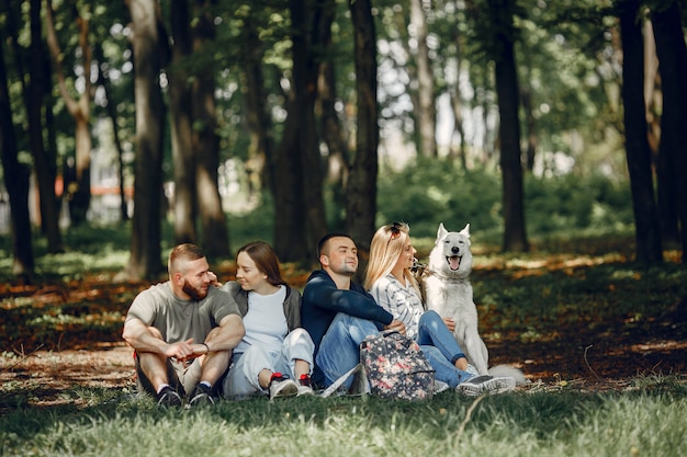 Quatro amigos têm um descanso em uma floresta