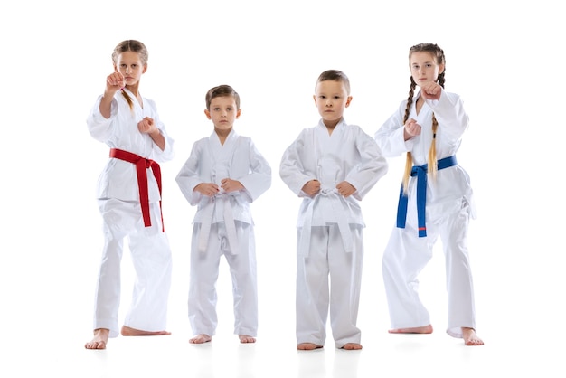 Quatro crianças, meninos e meninas, atletas de taekwondo posando com uniforme isolado sobre fundo branco