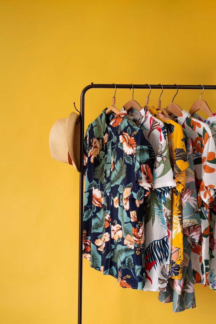 Foto grátis rack de roupas com camisas havaianas com estampa floral em cabides e chapéu