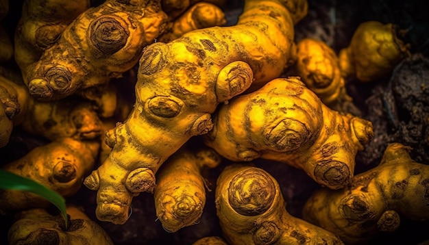 Foto grátis raiz de gengibre amarelo fresco, um ingrediente de tempero saudável gerado por ia