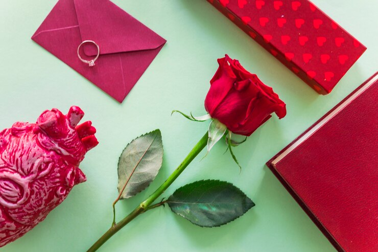 Foto grátis ramo de rosa com envelope e anel de casamento
