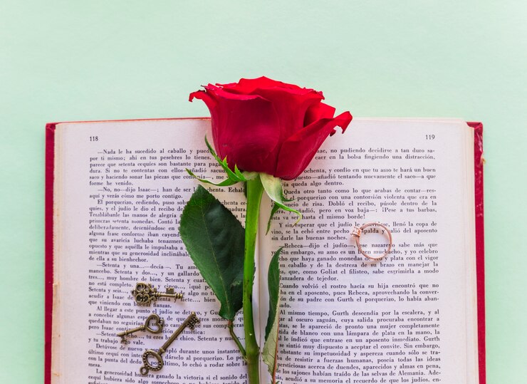 Foto grátis ramo de rosa vermelha com anel de casamento no livro