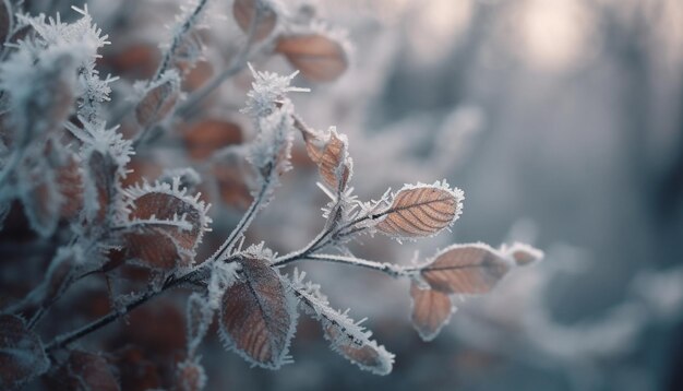 Ramo gelado na floresta de inverno fecha IA macro generativa