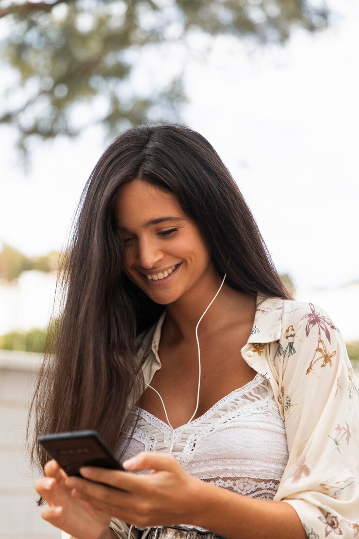 Foto grátis rapariga sorridente de tiro médio com smartphone