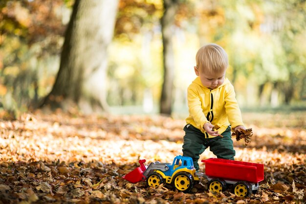 Rapaz pequeno no parque de outono