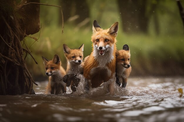 Raposa fofa com bebês na natureza