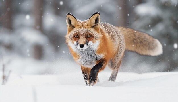 Raposa vermelha bonita correndo na floresta de neve gerada por IA