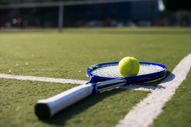 Raquete de tênis close-up na quadra de tênis