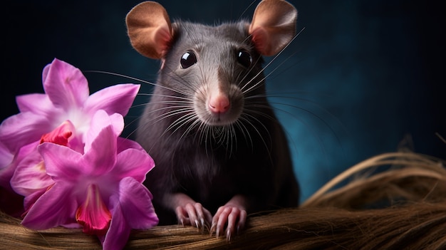Rato fofo com flores em estúdio