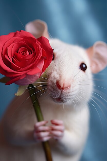 Rato fofo segurando flor em estúdio