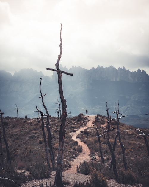 Área deserta coberta com grama seca, montanhas e cruzes de madeira com um homem em uma colina