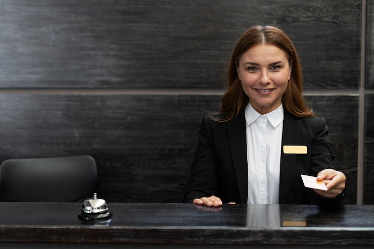 Foto grátis recepcionista de fato elegante durante o horário de trabalho