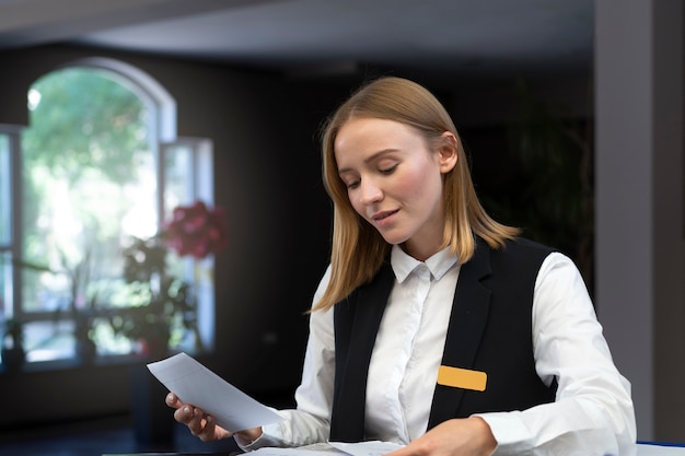 Recepcionista feminina no trabalho em terno elegante