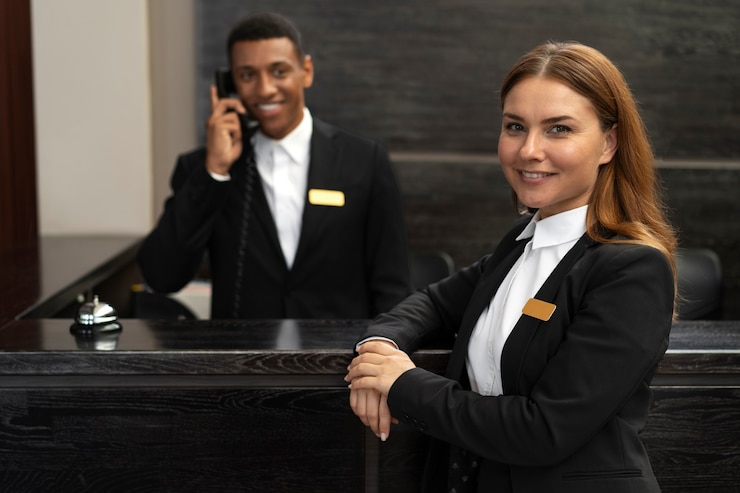 Foto grátis recepcionistas em ternos elegantes durante as horas de trabalho