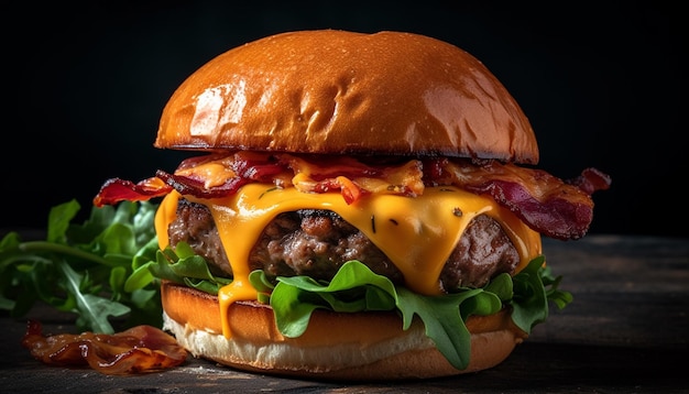 Refeição de cheeseburguer grelhado com batata frita e salada gerada por IA