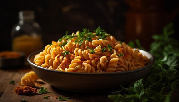 Refeição de massa fresca vegetariana na mesa de madeira rústica gerada por IA