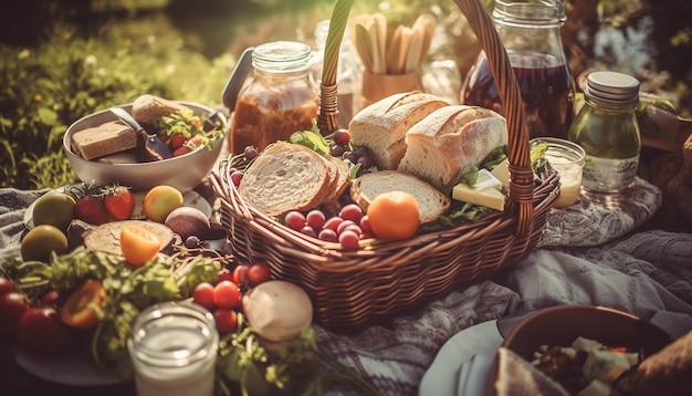 Refeição de piquenique rústica com carne grelhada e vinho gerado por ia