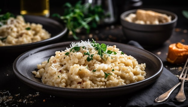 Refeição de risoto saudável na mesa de madeira rústica gerada por ai