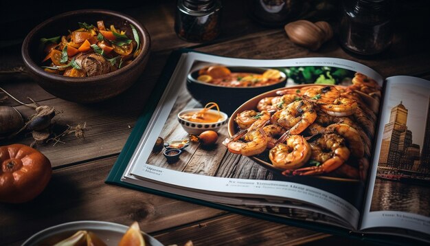 Foto grátis refeição gourmet de frutos do mar em mesa de madeira rústica gerada por ia