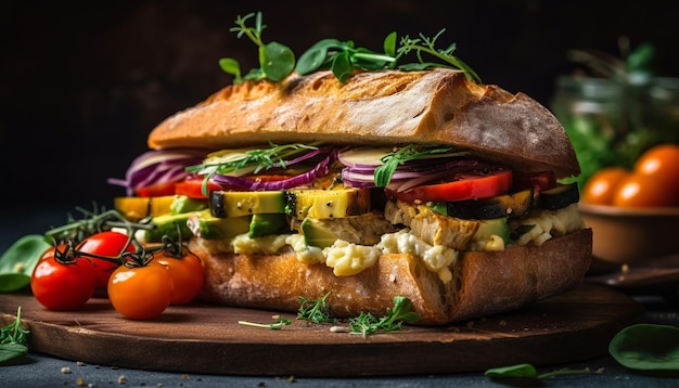 Refeição gourmet fresca rústica de sanduíche de ciabatta grelhada gerada por IA