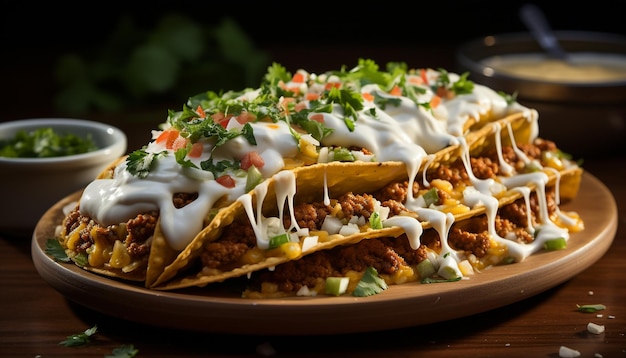 Foto grátis refeição gourmet mexicana, carne grelhada, guacamole e coentro fresco gerado por inteligência artificial.