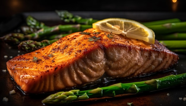 Foto grátis refeição gourmet saudável de bife grelhado e salmão gerada por ia