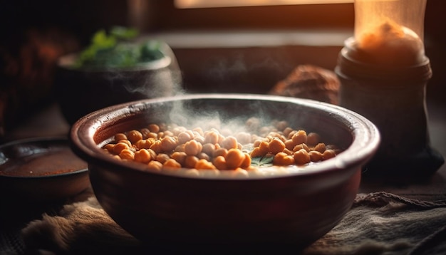 Refeição vegetariana saudável servida em louça rústica gerada por ia