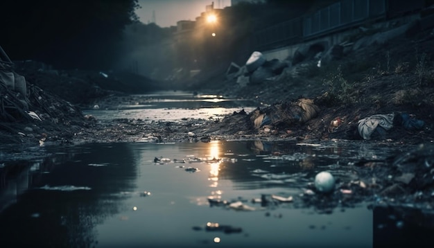 Reflexão da montanha na água tranquila ao entardecer gerada por ia