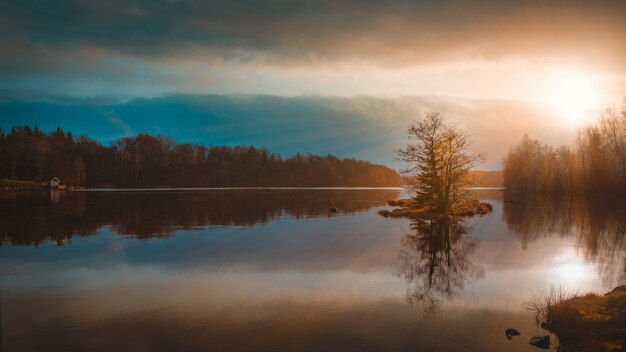 Reflexão das árvores em um lago sob o incrível céu colorido capturado na Suécia