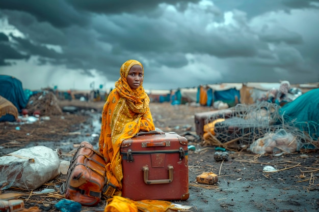 Foto grátis refugiado sem esperança num campo de refugiados