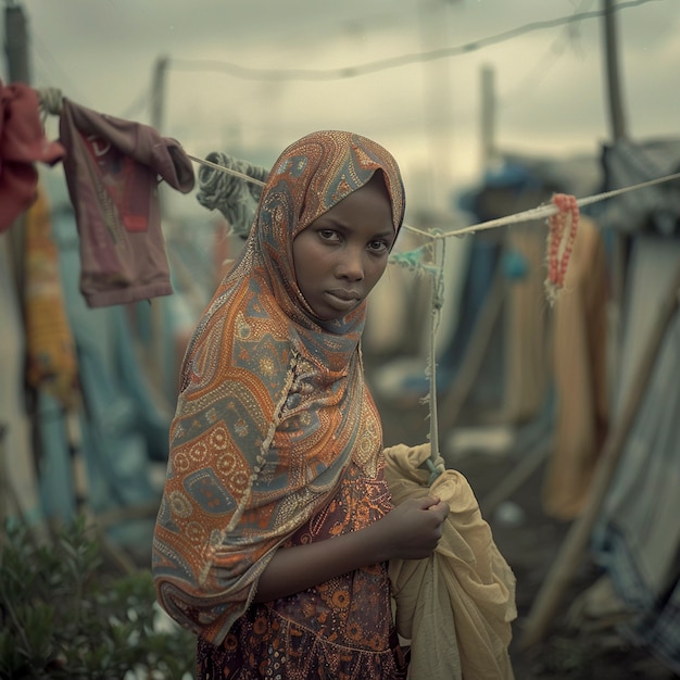 Foto grátis refugiado sem esperança num campo de refugiados