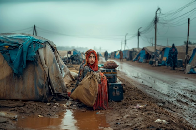 Foto grátis refugiado sem esperança num campo de refugiados