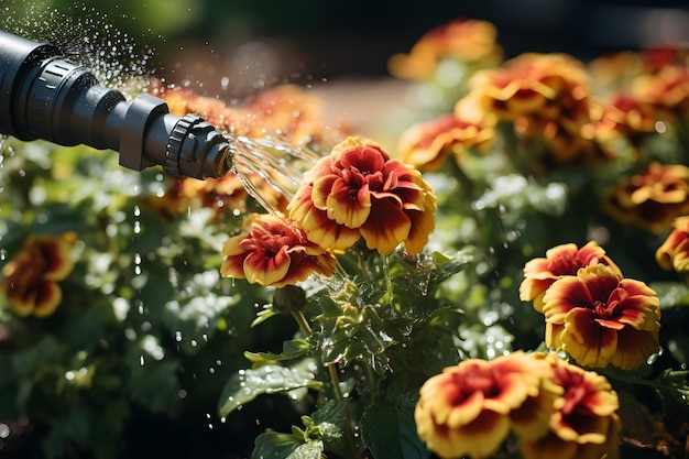 Foto grátis regar as flores do jardim com uma mangueira de jardim