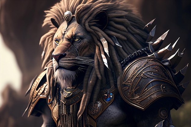 Rei Leão com armadura completa e IA geradora de armas