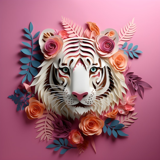 Renderização 3d da arte de papel de tigre de desenho animado