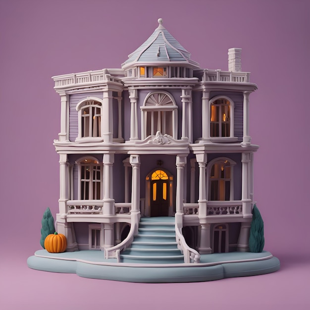 Foto grátis renderização 3d da casa de fantasia com escadas e abóboras em fundo roxo