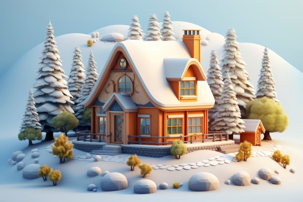 Renderização 3D da casa no inverno