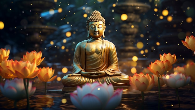 Renderização 3D da estátua de Buda cercada por flores