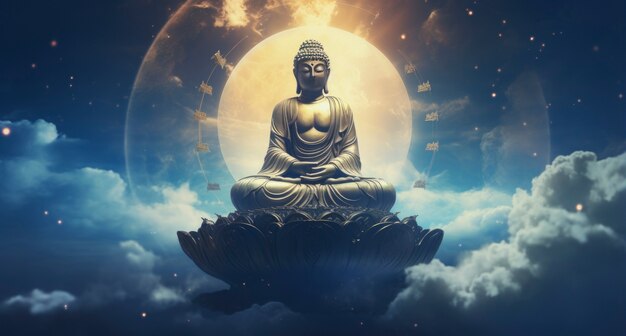 Renderização 3D da estátua de Buda em cima de nuvens