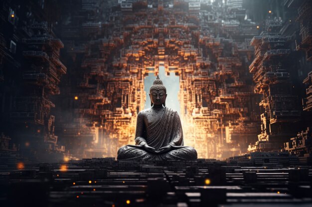 Renderização 3D da estátua de Buda na caverna