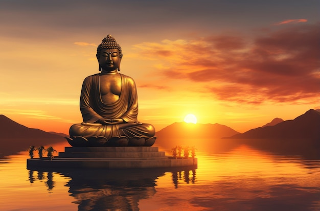 Renderização 3D da estátua de Buda no lago