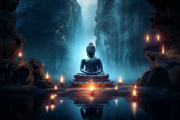Renderização 3D da estátua de Buddah e velas