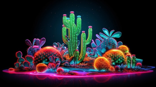 Foto grátis renderização 3d de cactos de néon vibrantes no deserto.