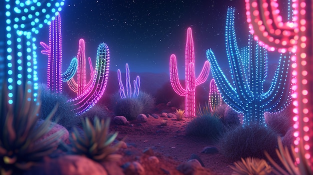 Foto grátis renderização 3d de cactos de néon vibrantes no deserto.