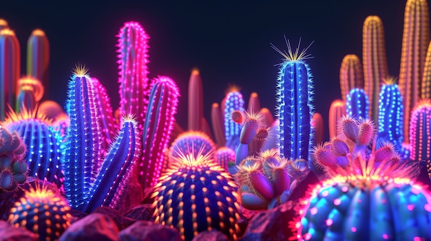 Renderização 3D de cactos de néon vibrantes no deserto.