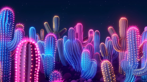 Renderização 3D de cactos de néon vibrantes no deserto.